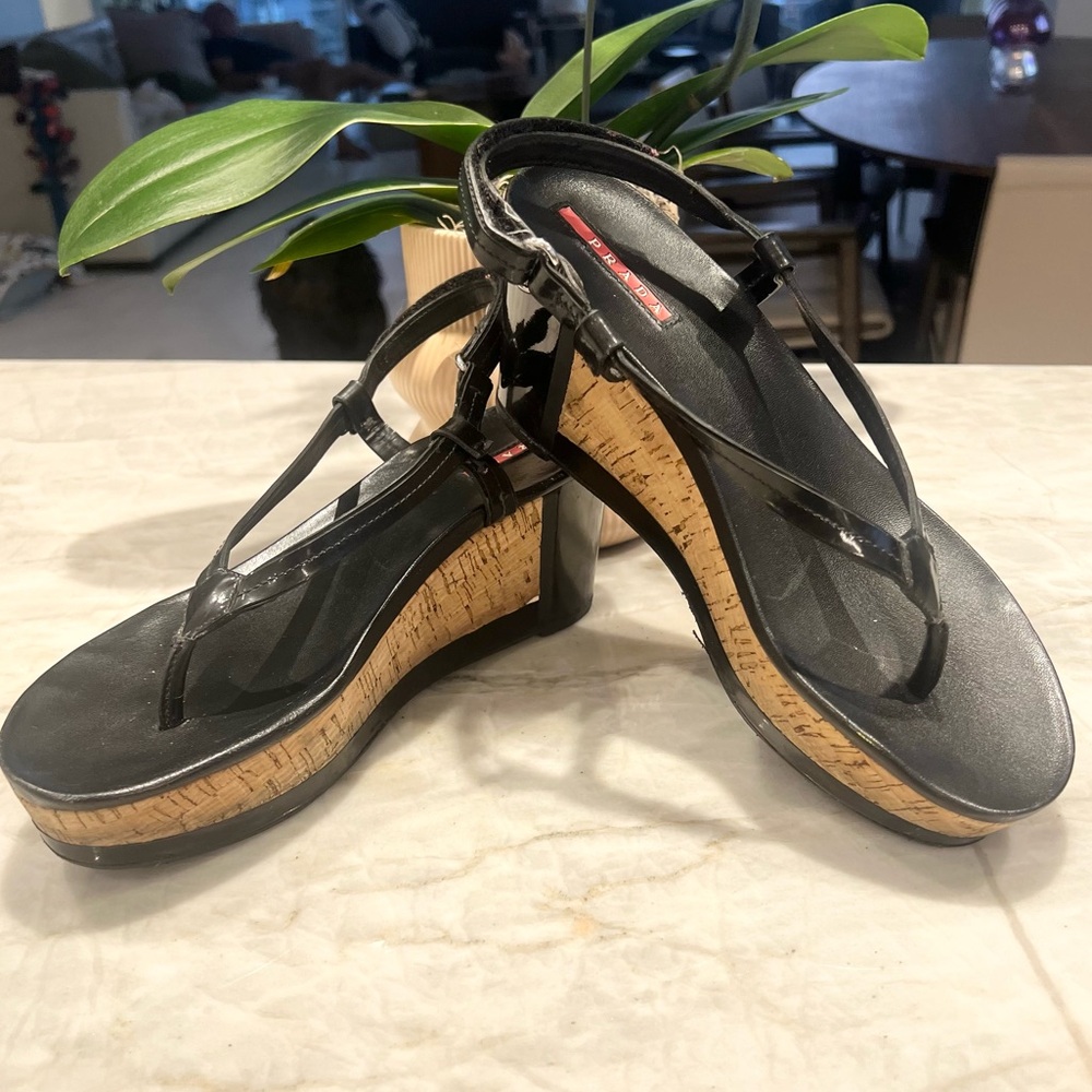 PRADA BLACK WEDGE SANDALS WITH CORK PLATFORM